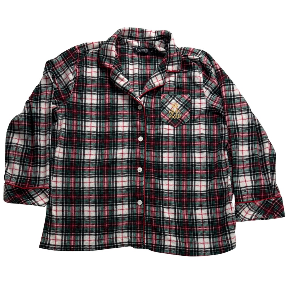 Lauren Ralph Lauren Womens XL Fleece Pajama Top‎ Red Green Plaid Crest Button Up